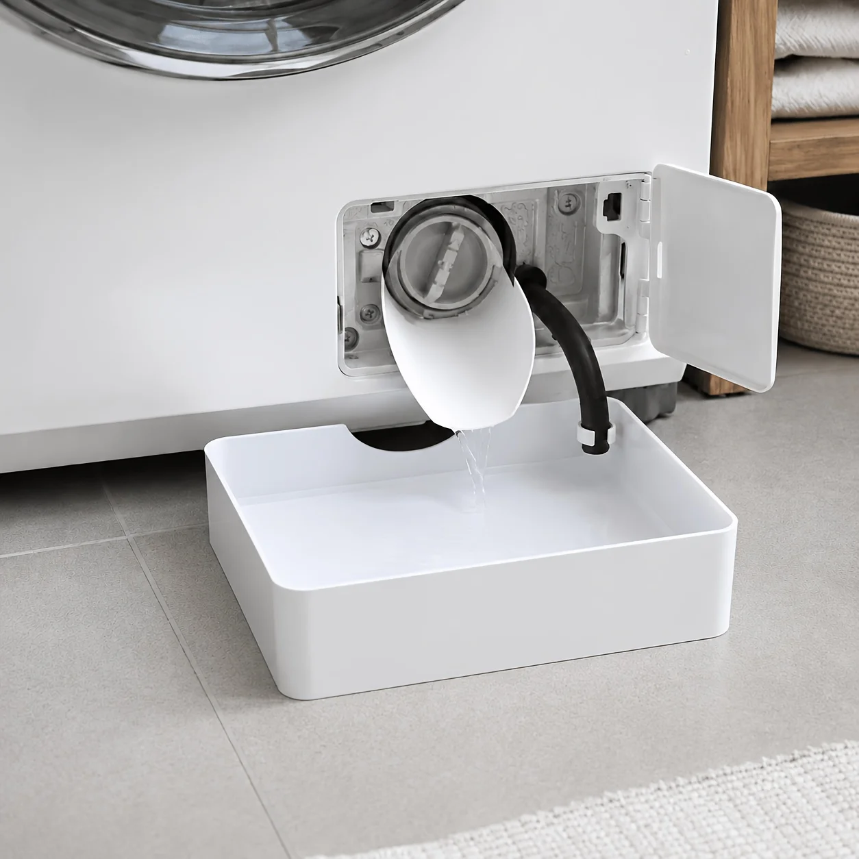 Washing Machine Drain Filter Cleaning Tray Set Low Profile Water Catch Pan with Drain Guide and Hose Clip Leakproof Protector