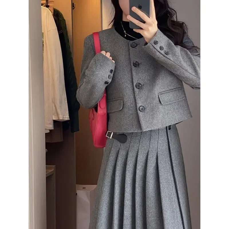 UNXX Autumn/winter British Style Round Neck Woolen Blazer + Pleated Skirt Suit Retro Casual Woolen Coat Skirt Two-piece Suit