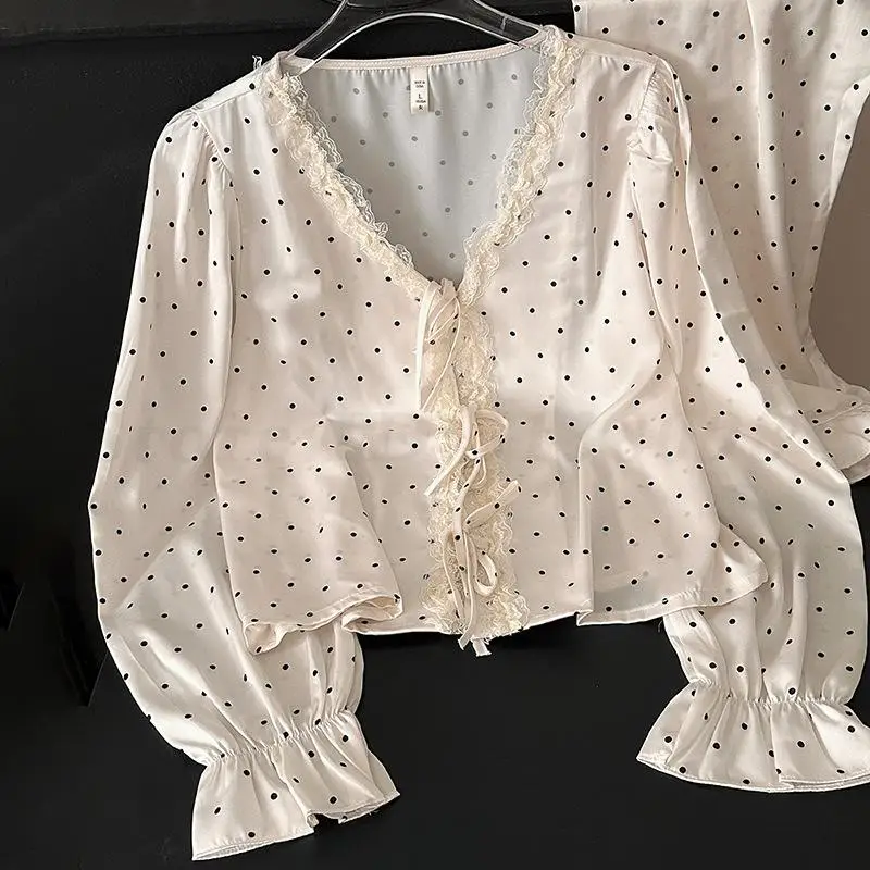 Polka Dots Ruffle Edge 2PCS Pajamas Set 2025 Spring Summer Ice Silk Sleepwear Women Gentle Long Sleeved V-Neck Loose Loungewear