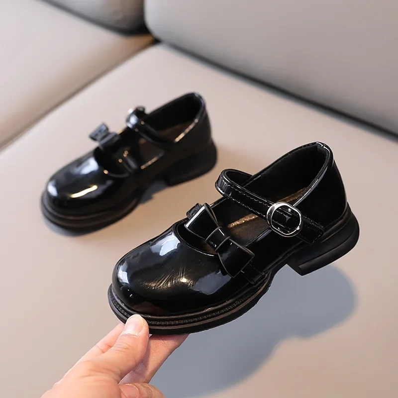 Girl Patent Leather Shoes Fashion Solid Bow Children Princess Shoes Shallow Soft Sole Mary Jane Shoes Casual Kids Dress Shoes