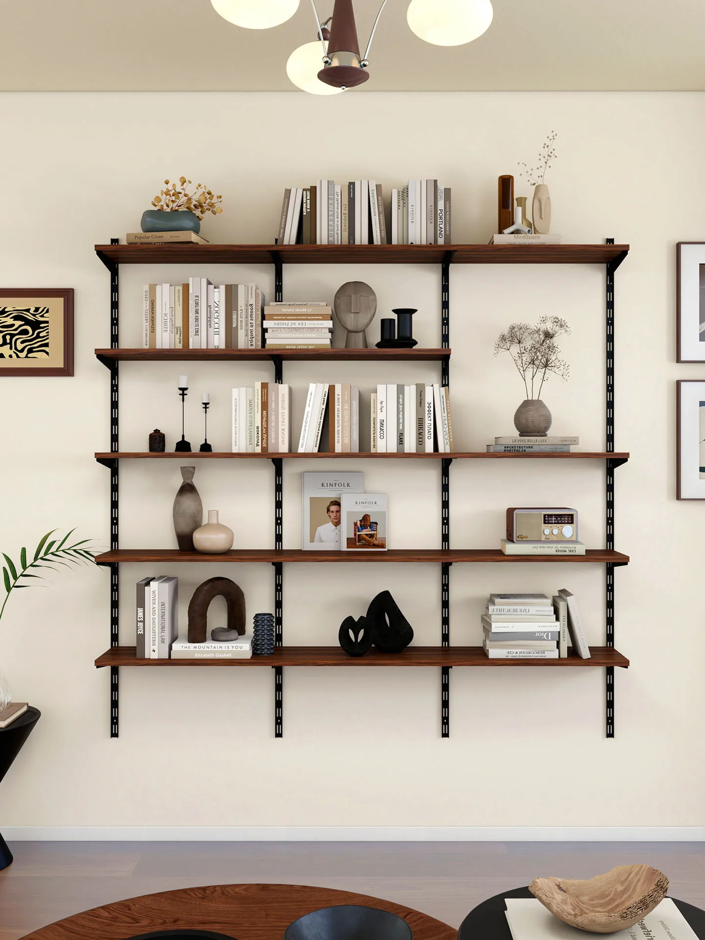

Wall bookshelf shelf medium antique walnut color supports custom storage room storage floor height adjustable