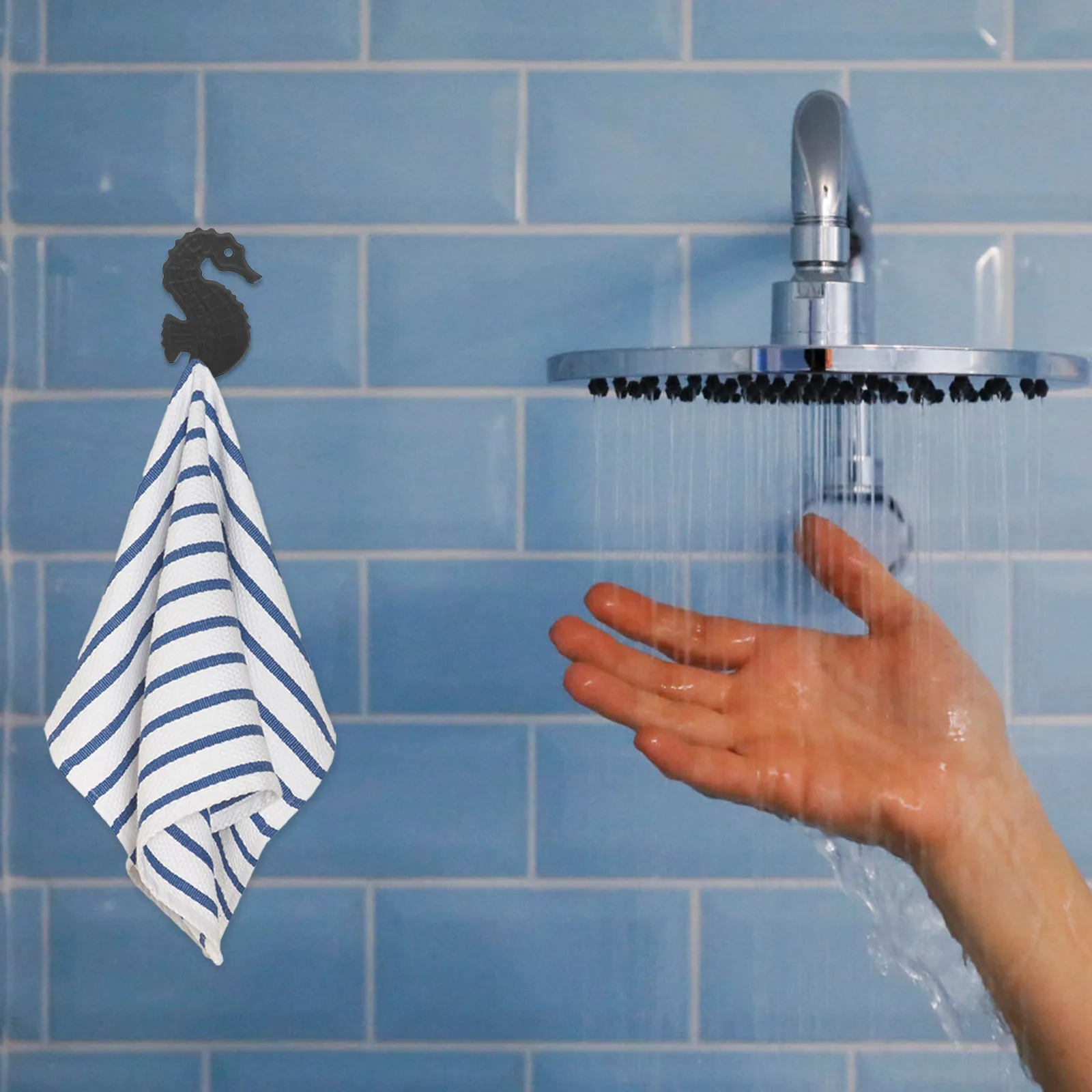 

5pcs Traceless Storage Bath Towel Hooks for Wall Black No Punching Strong Capacity Kitchen Bathroom Door Hooks Hideaway Hook