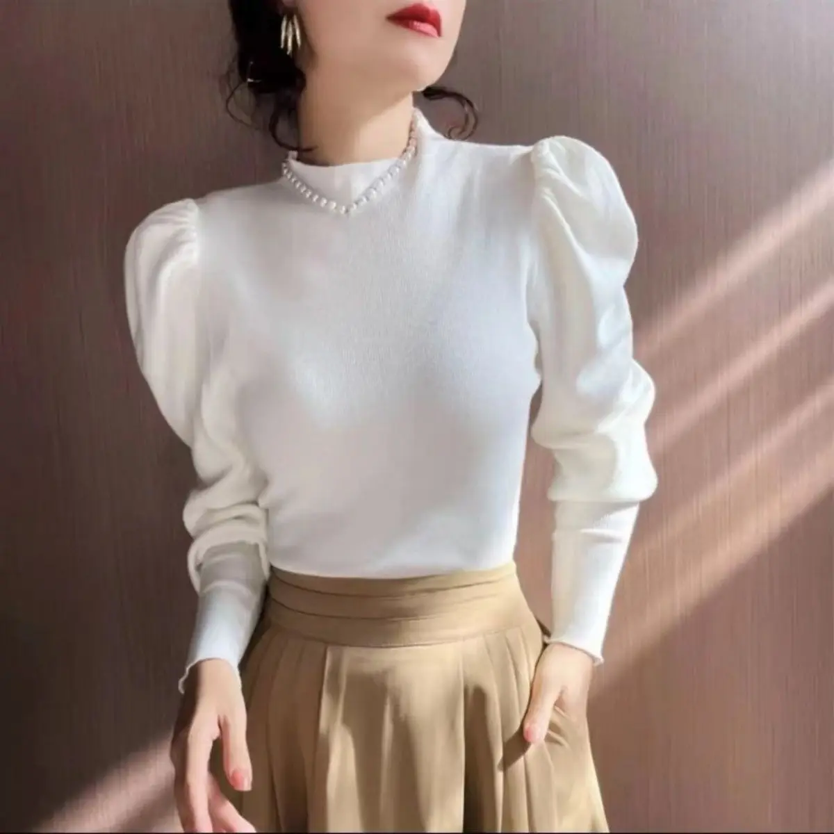 2024 Autumn/Winter New Lantern Sleeve Mid Neck Knitted Shirt Women's Bottom Shirt Pullover Top