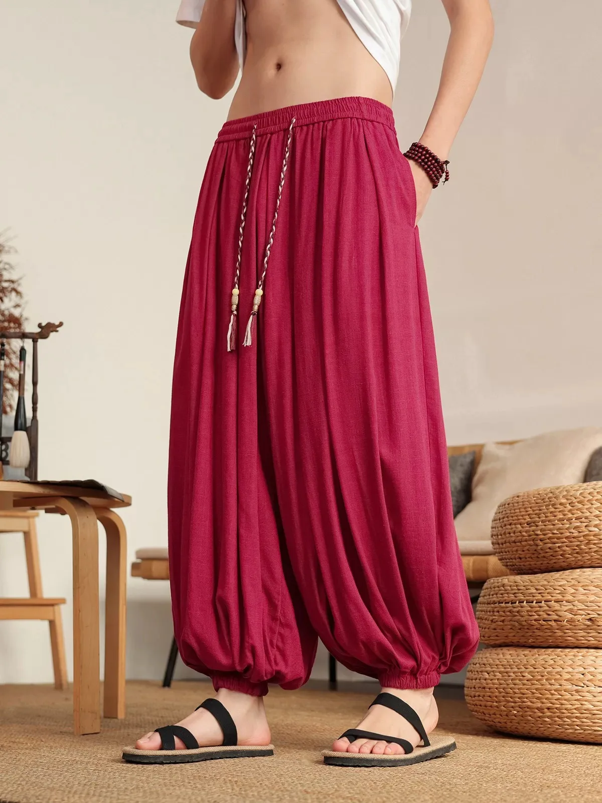 Male Drawstring Vintage Ethnic Linen Summer Harem Pants Men Loose Plus Size M-8XL Sport Handsome Trousers High Street Pantalon