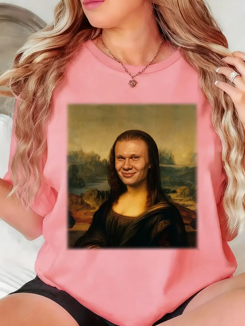 2026 Summer Funny Erling Haaland Mona Lisa Meme T-Shirt Cotton Men's and Women's Y2K Short Sleeve Round Neck T Shirt