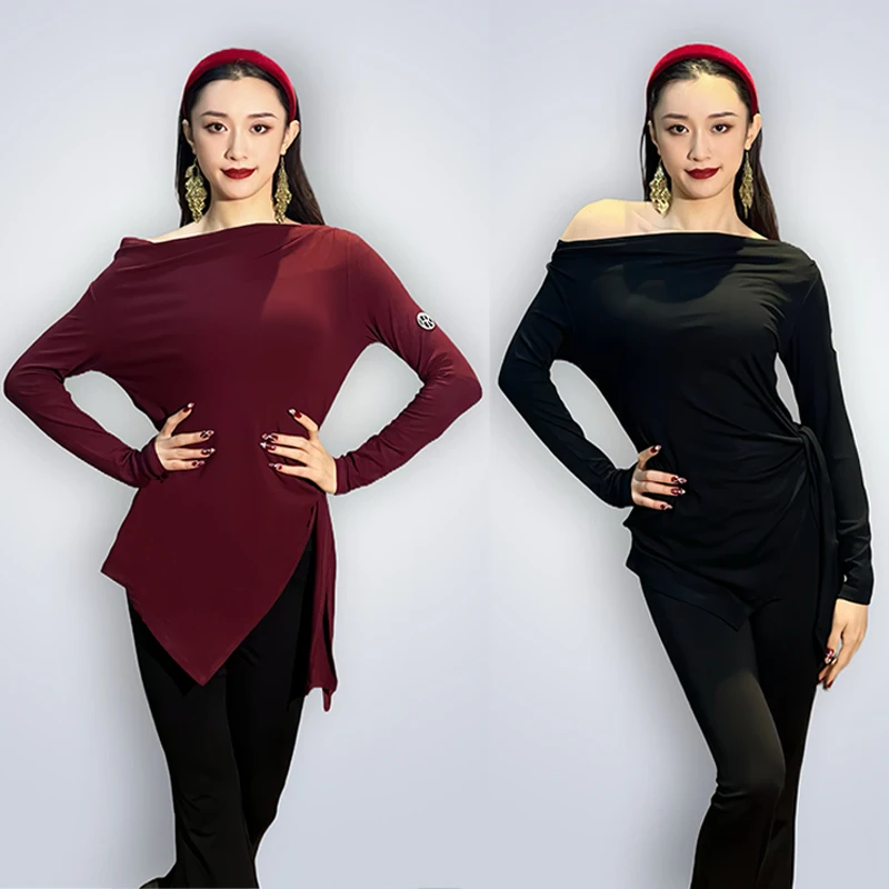 Latin Dance Clothes Irregular Long Sleeves Tops Slant Shoulder T Shirt Rumba Ballroom Dance Practice Clothing Black Tops NV22161