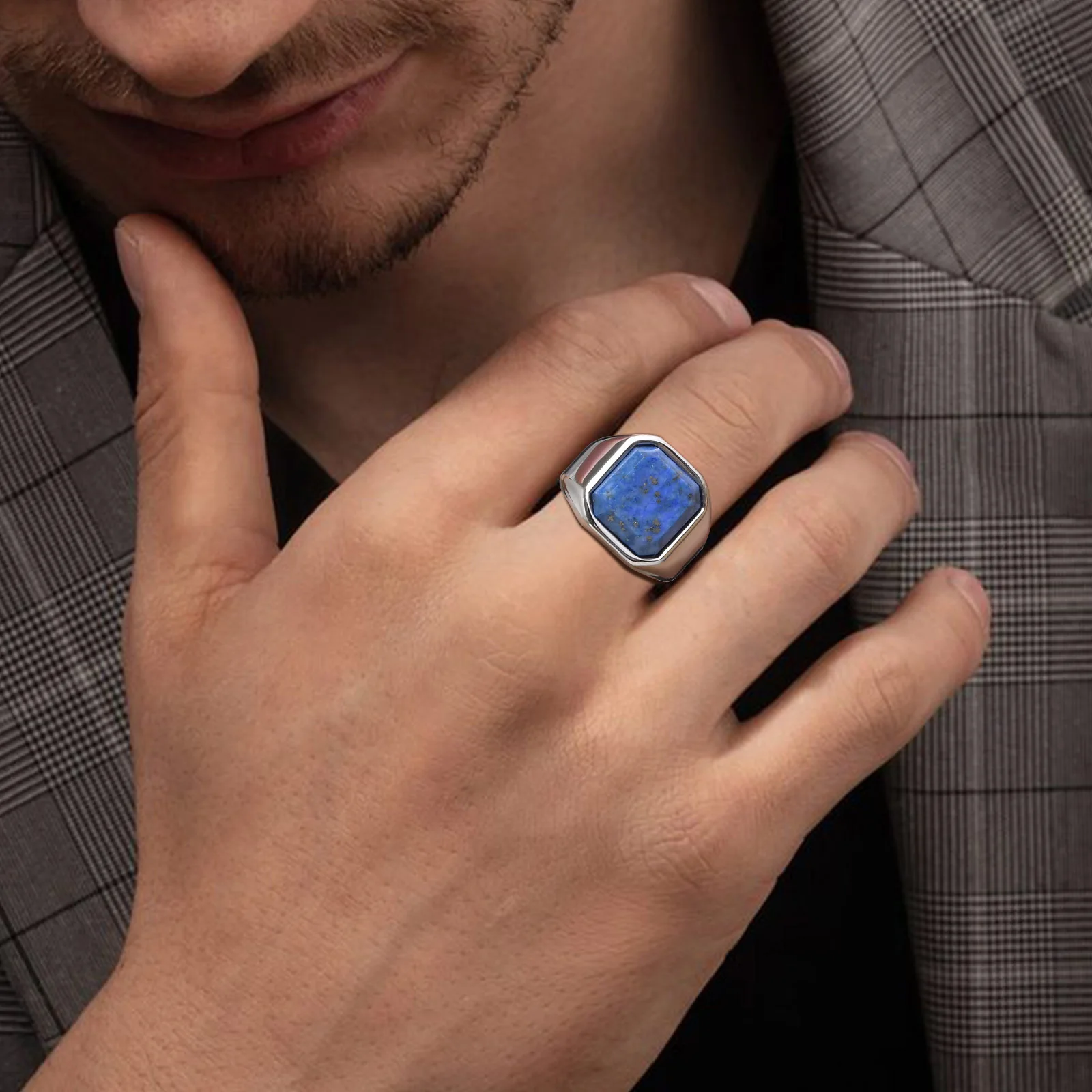 Rock Punk Geometric Square Natural Stone Signet Rings for Men, Stainless Steel Party Wear Finger Ring Gift Jewelry