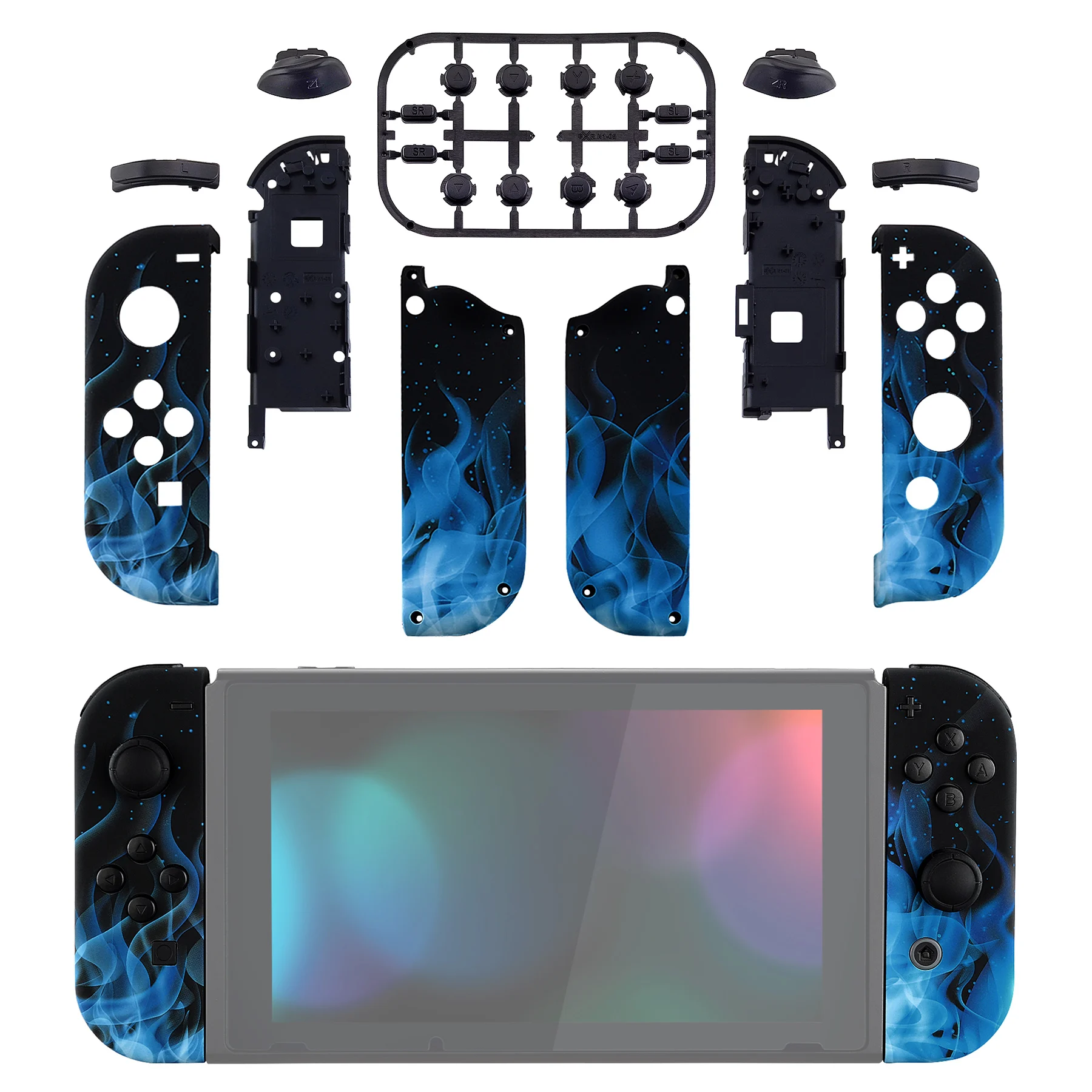 

eXtremeRate Custom Patterned Controller Housing with Full Set Buttons for NS Switch JoyCon & OLED Joycon - Blue Flame