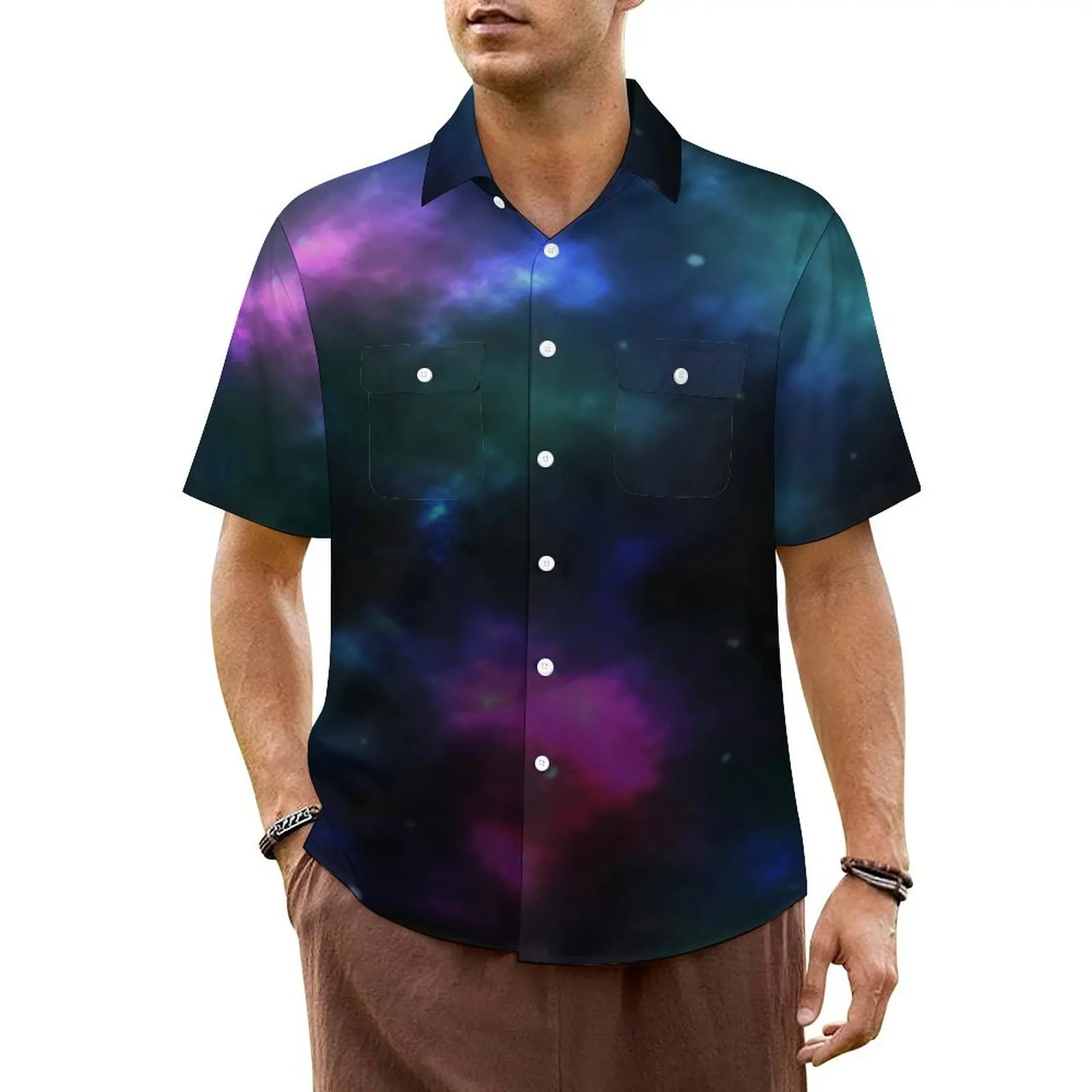 

Glowing Galaxy Beach Shirt Cosmic Print Hawaiian Casual Shirts Man Loose Blouses Short Sleeve Streetwear Graphic Clothes