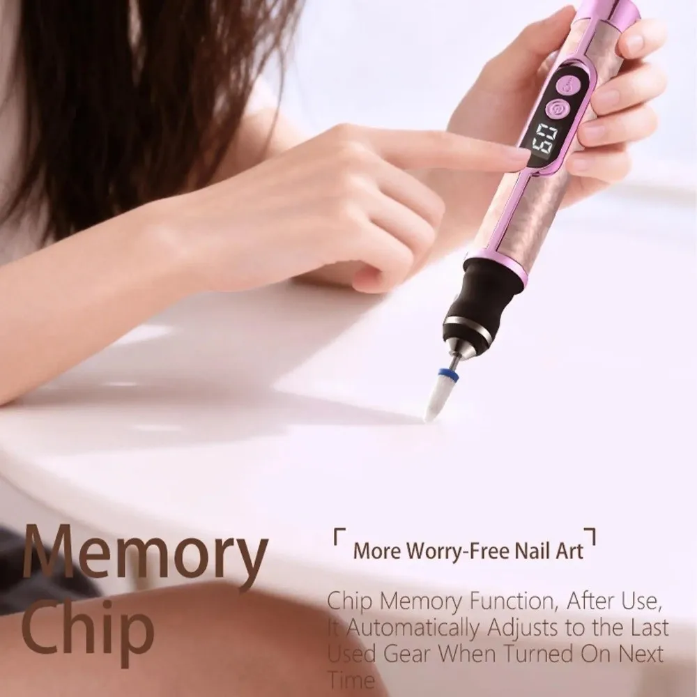 High Speed Nail Drill Machine Rechargeable Digital Display Electric Nail Sander Cordless Pen-Style Nail Polisher Salon Use