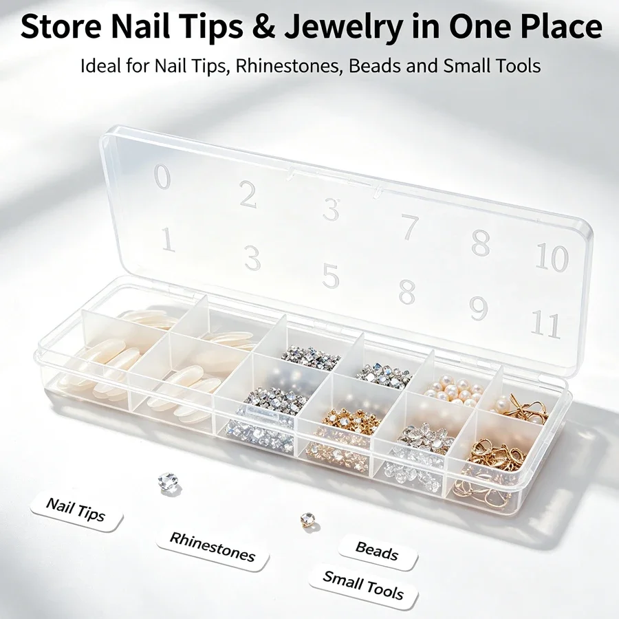 12 Grid Nail Tip Storage Box, False Tips Case with Printed Marking, Jewelry Rhinestone Bead Organizer Container view 5