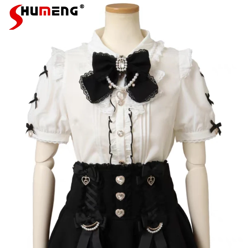 Japanese SC Mine Series Shirt Mass-Produced Lolita Sweet Bow Chain Heart Pendant Blouse Summer Short Sleeved Y2k Sweet Blusas
