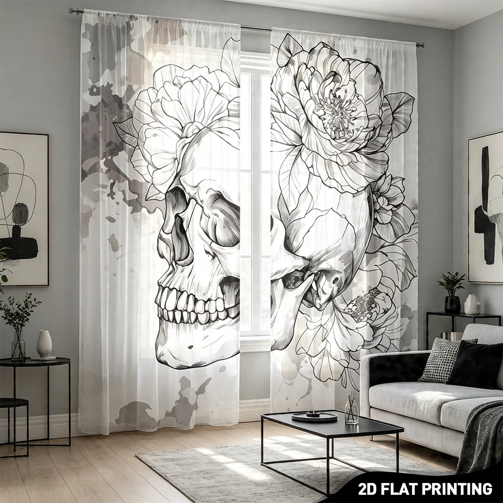 2PCS Digital Print Sheer Curtain, Skull Growing Flower, Gothic Dark Romantic - Voile Drapes for Bedroom Living Room Decor