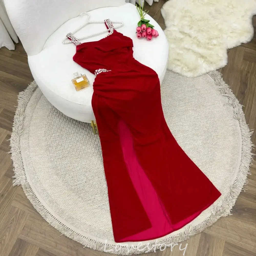 Customized Burgundy Velour Prom Dresses Spaghetti Strap Beaded Embroidery Evening Dress Side Slit Long Maid of Honor Party Gown