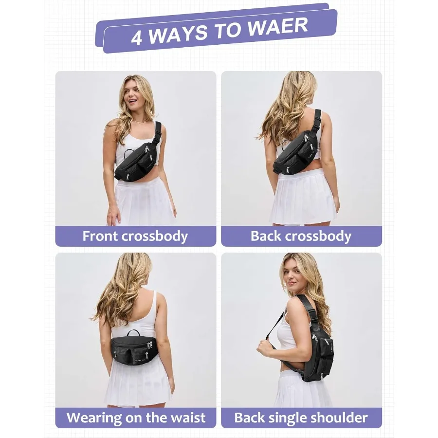 حقيبة حزام سوداء للنساء والرجال مع أوعية متعددة بسحاب مقاومة للماء وحقيبة خصر عصرية مع لو قابل للتعديل