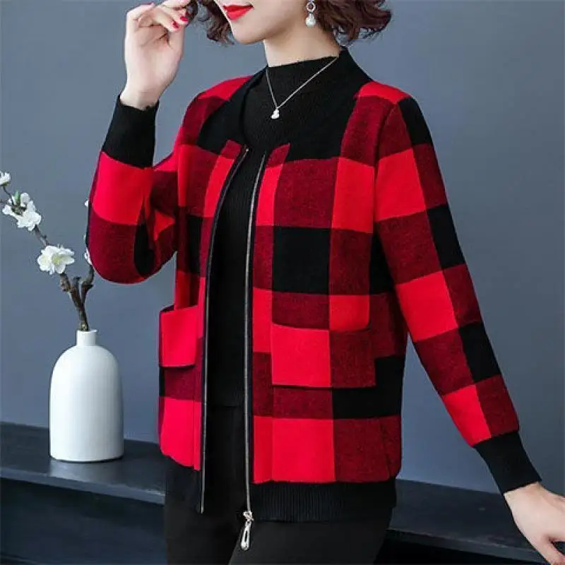 2022 Elegant Fashion Middle-Aged Mother Spring Autumn Casual Jacket Round Collar Long Sleeve Loose Plaid Coat Pocket Zipper Tops