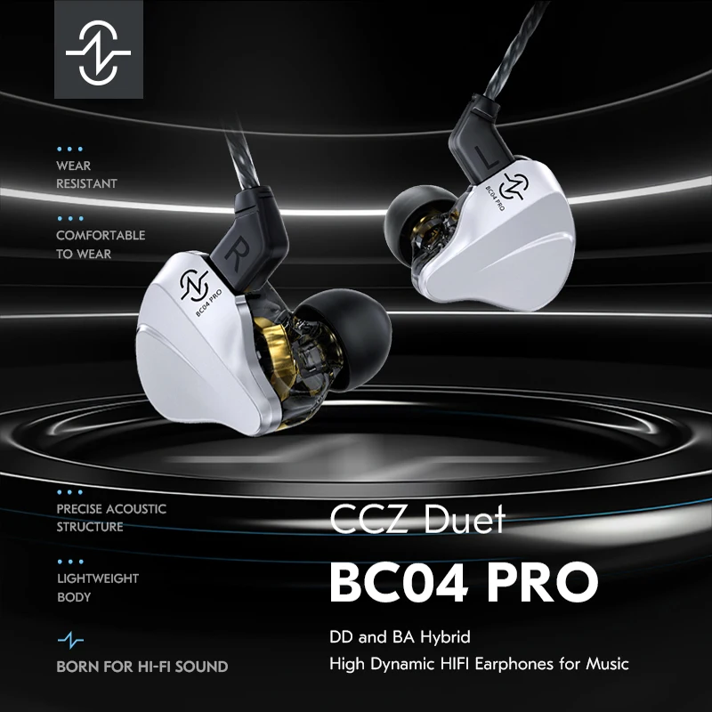 CCZ Duet BC04 pro DD and BA Hybrid High Dynamic HIFI Earphones for Music 4 Strands of 5N OFC Cable 3.5mm plug Wired Earbuds