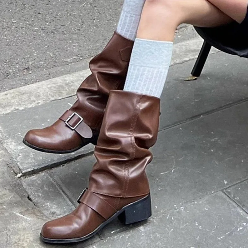 Botas de salto robusto de tubo médio para mulheres, sapatos femininos à venda, manga de alta qualidade, dedo do pé redondo, monocromático, moda, primavera, outono, 2024