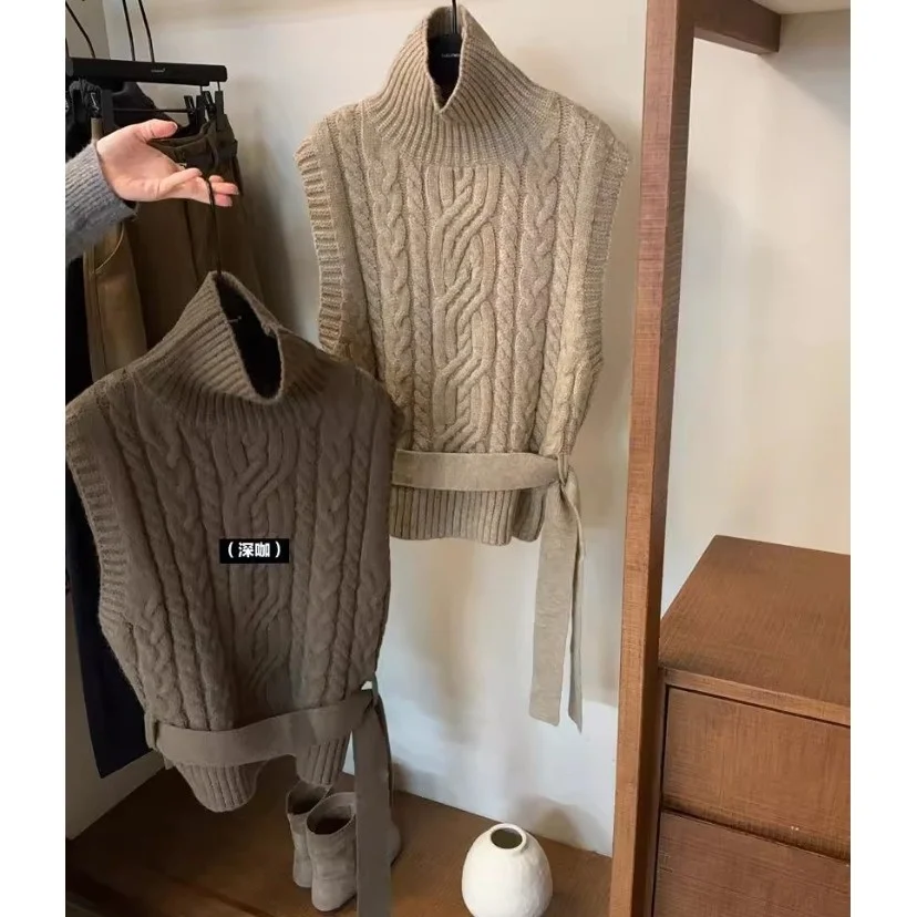 Gilet lavorato a maglia da donna Collo alto Vita stretta con cintura Svel Top Retro Sle Versatile Autunno Inverno Nuovo arrivo