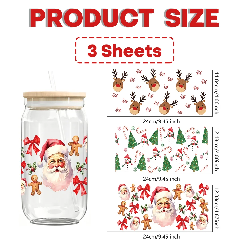 3PCS Christmas UV DTF Stickers, Creative DIY Decor for Tumblers, Water Bottles, Notebooks, Laptops & Phone Cases, Holiday Gifts