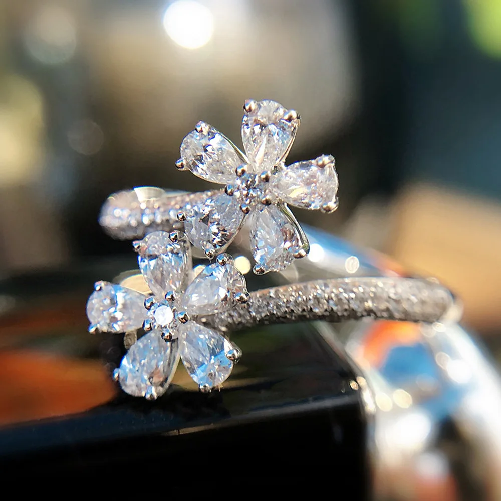 Luxury 925 Sterling Silver Double Crystal Flowers CZ Adjustable Opening Rings for Women Bridal Finger Rings Statement Jewelry