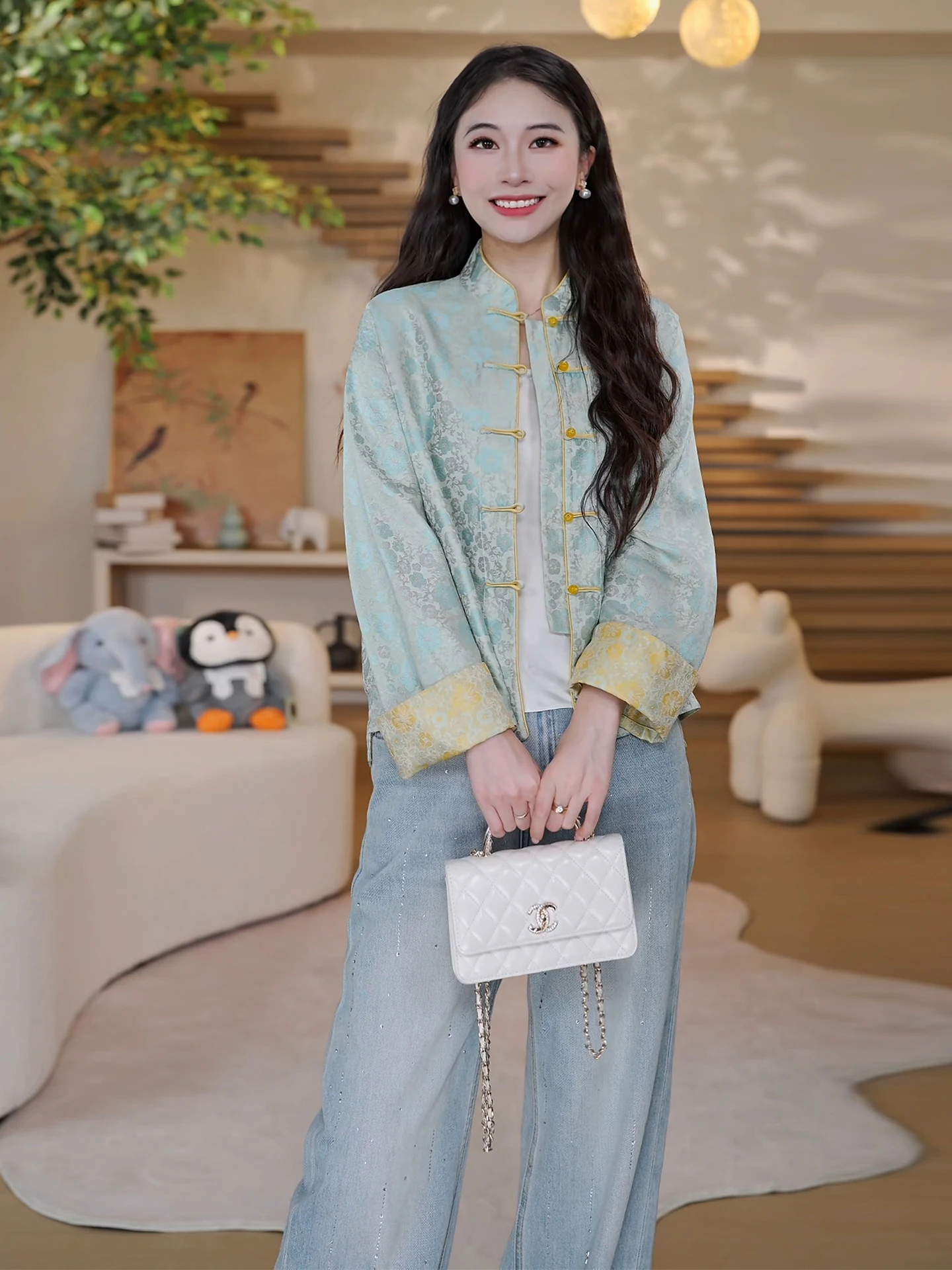 

Double-Sided Wear True Silk Jaet New Chinese Sle National Trend 00 Silk Long Sve Stand Collar Regular Length