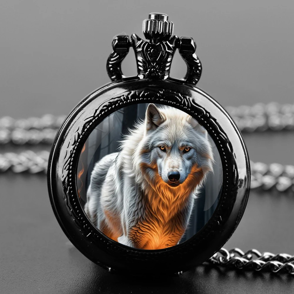 White Wolf Practical Gifts Glass Dome Arabic Numerals Quartz Pocket Watch Necklace Pendant Clock with Chain Men Women Gift