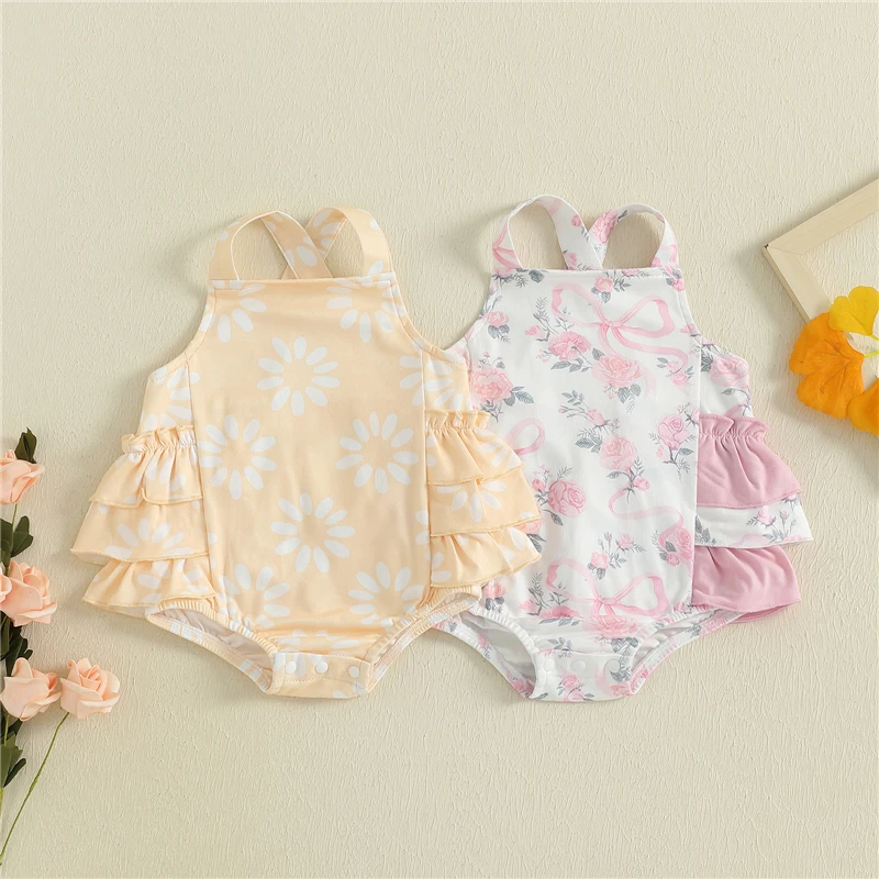 Baby Girls Clothing Summer Newborn Clothes Floral Print Romper Jumpsuits Ruffles Sleeveless Sunsuits 0-2Y Infant Rompers