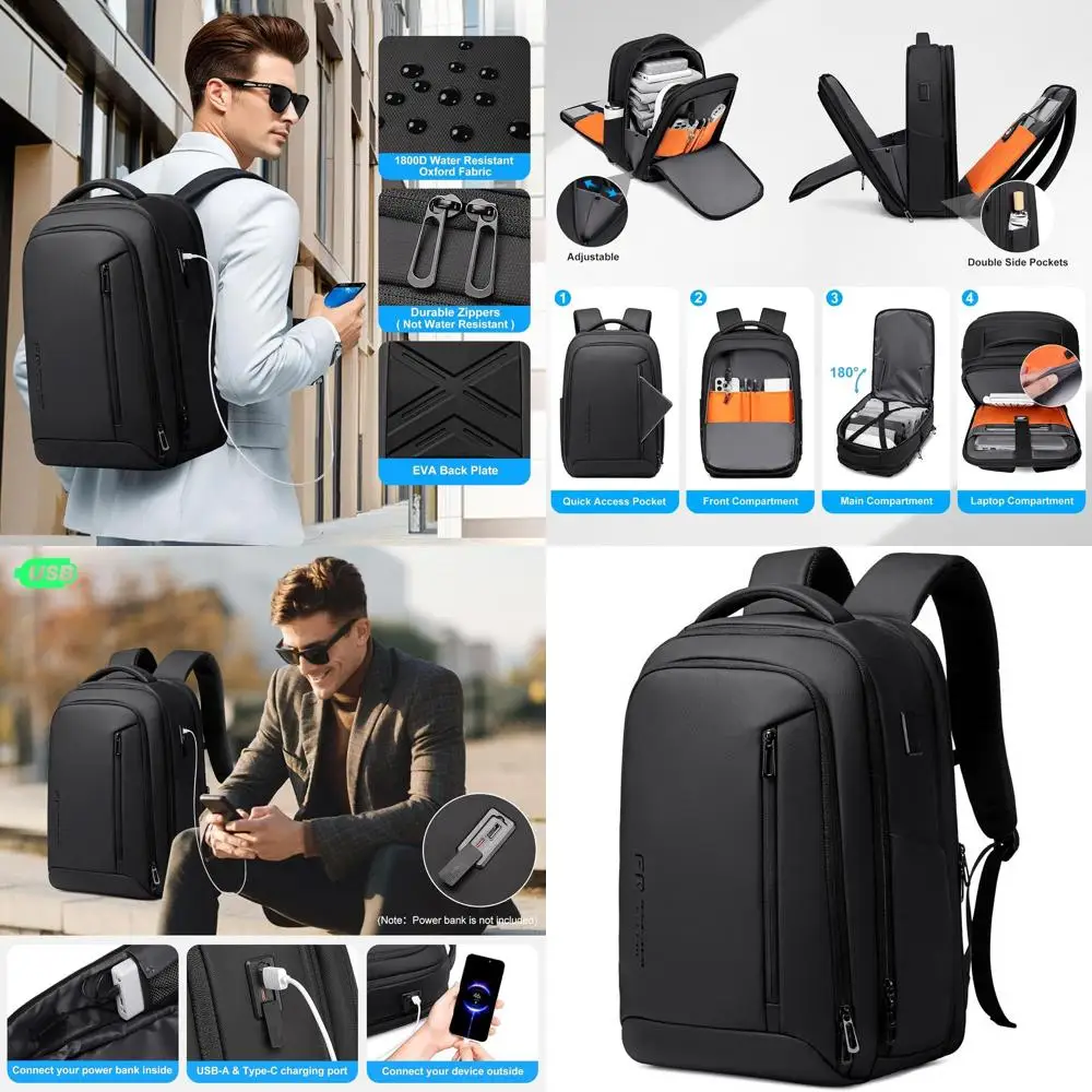 

Expandable 17 Laptop Backpack with USB Port, Water-Resistant, Ideal for Men, College, and Work in Black