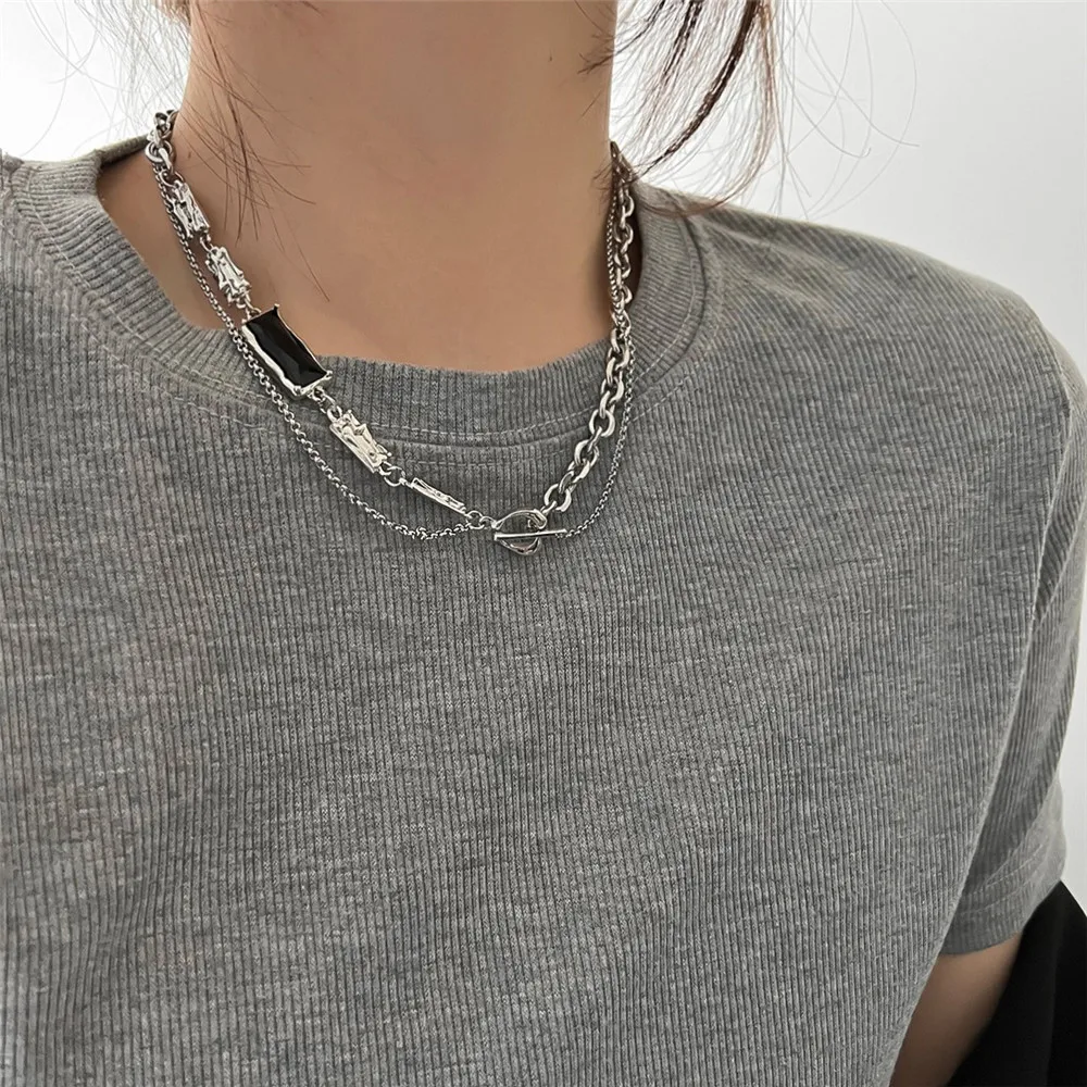 Punk Black Crystal Pendant Necklace for Women Men 2023 Trendy Personality Stainless steel Chain Necklace Goth Emo Grunge Jewelry