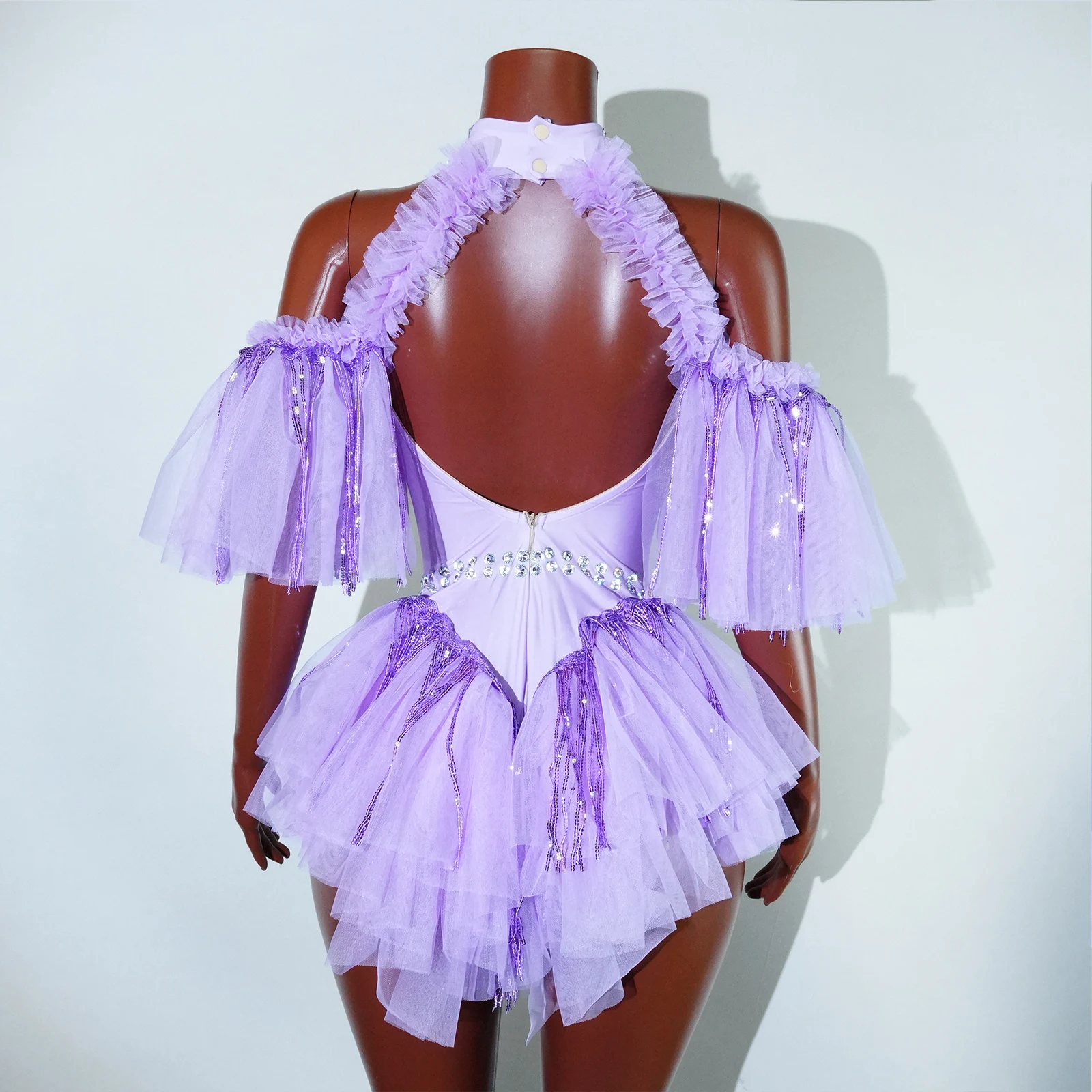 Damska Kryształowa Fioletowa Sukienka Jednoczęściowa z Falbankami, Wysoce Elastyczna, na Klub Nocny, Ukończenie Szkoły, dla Piosenkarki, na Urodziny, na Występ, Kostium Taneczny