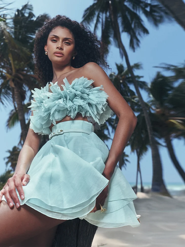 

3D Flower Mini Skirt Set Cascading Pleated Crop Top Women Sleeveless Backless A-line Ruffles Skirts Summer Lady Holiday Suits