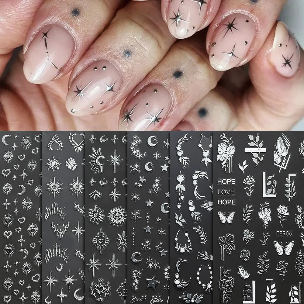 6pcs Golden Bronzing Nail Art Stickers Decals Sun Moon Star Pattern Gothic Nails Sliders For DIY Witchy Acrylic Nails Decoration