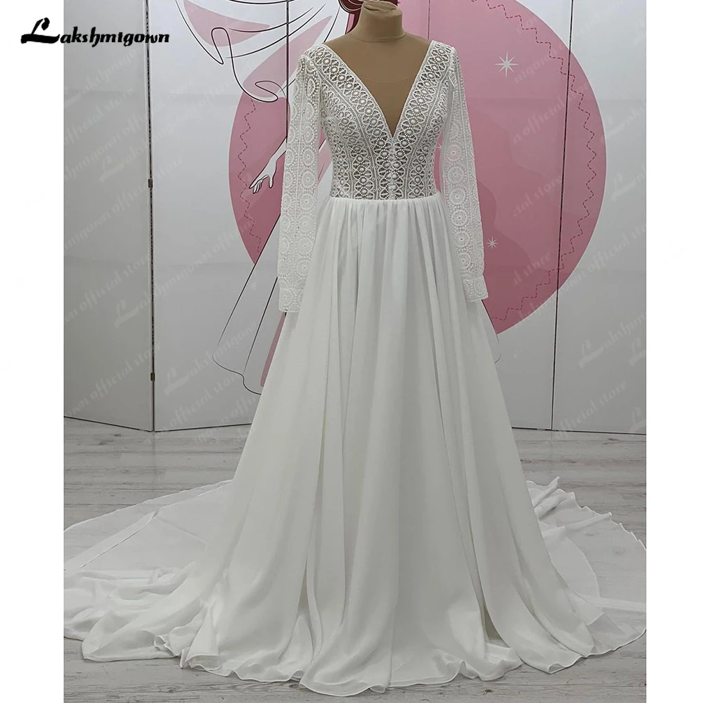 Lakshmigown Boho Bridal Long Sleeve Wedding Dresses A Line 2025 Robe Longue Simple Beach Chiffon Long Wedding Gowns Customized