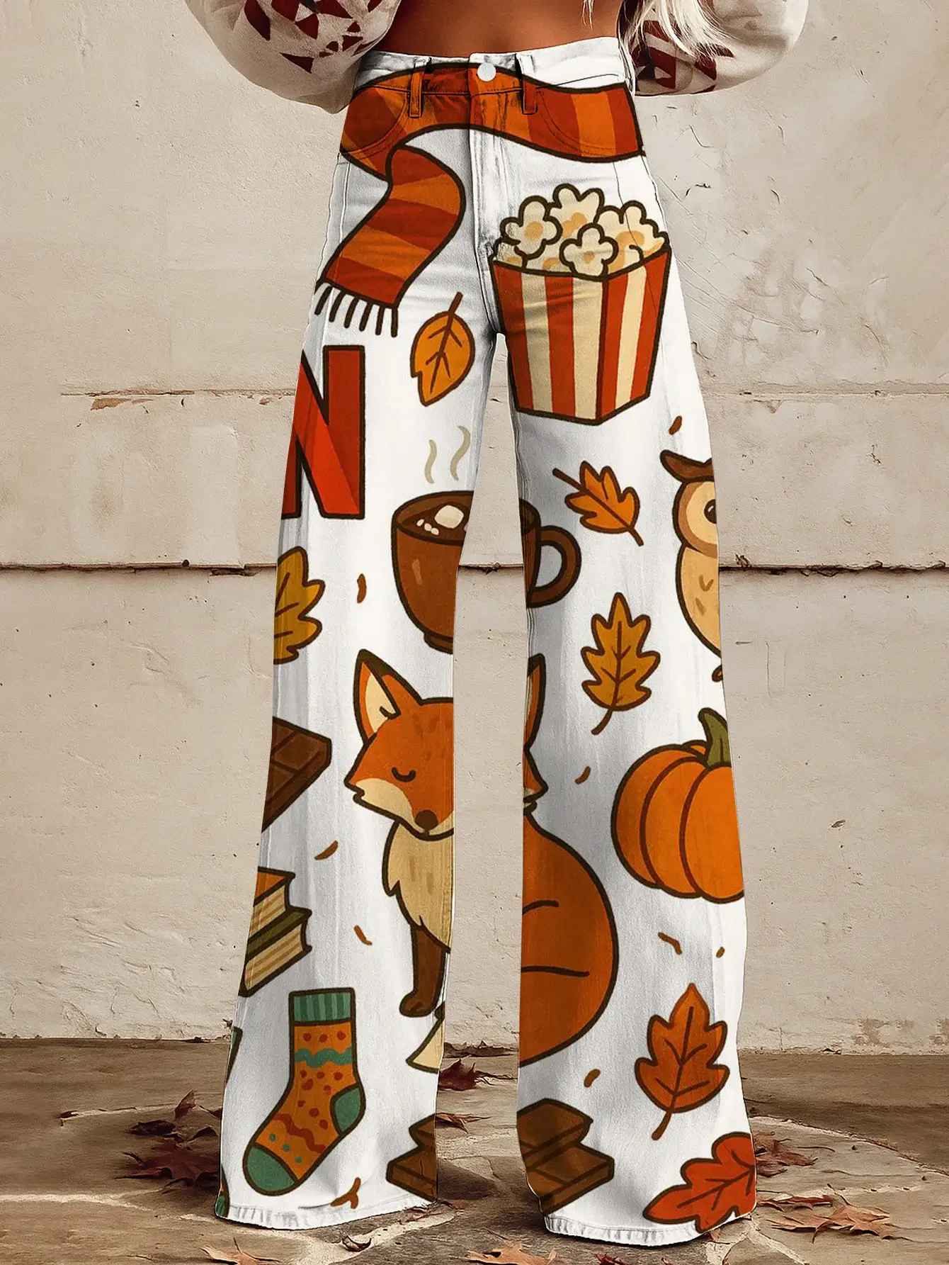 

2026 Ladies' casual jeans with colorful western prints and Fun patterns such as popcorn, fox, scarf, etc
