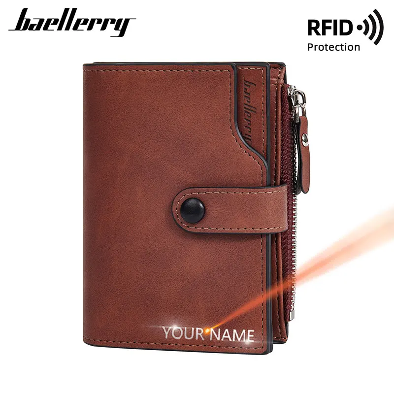 Baellerry 남성용 대용량 짧은 RFID 지갑, 이름 각인 짧은 카드 홀더, 남성 지갑, 지퍼 동전 주머니, 신제품