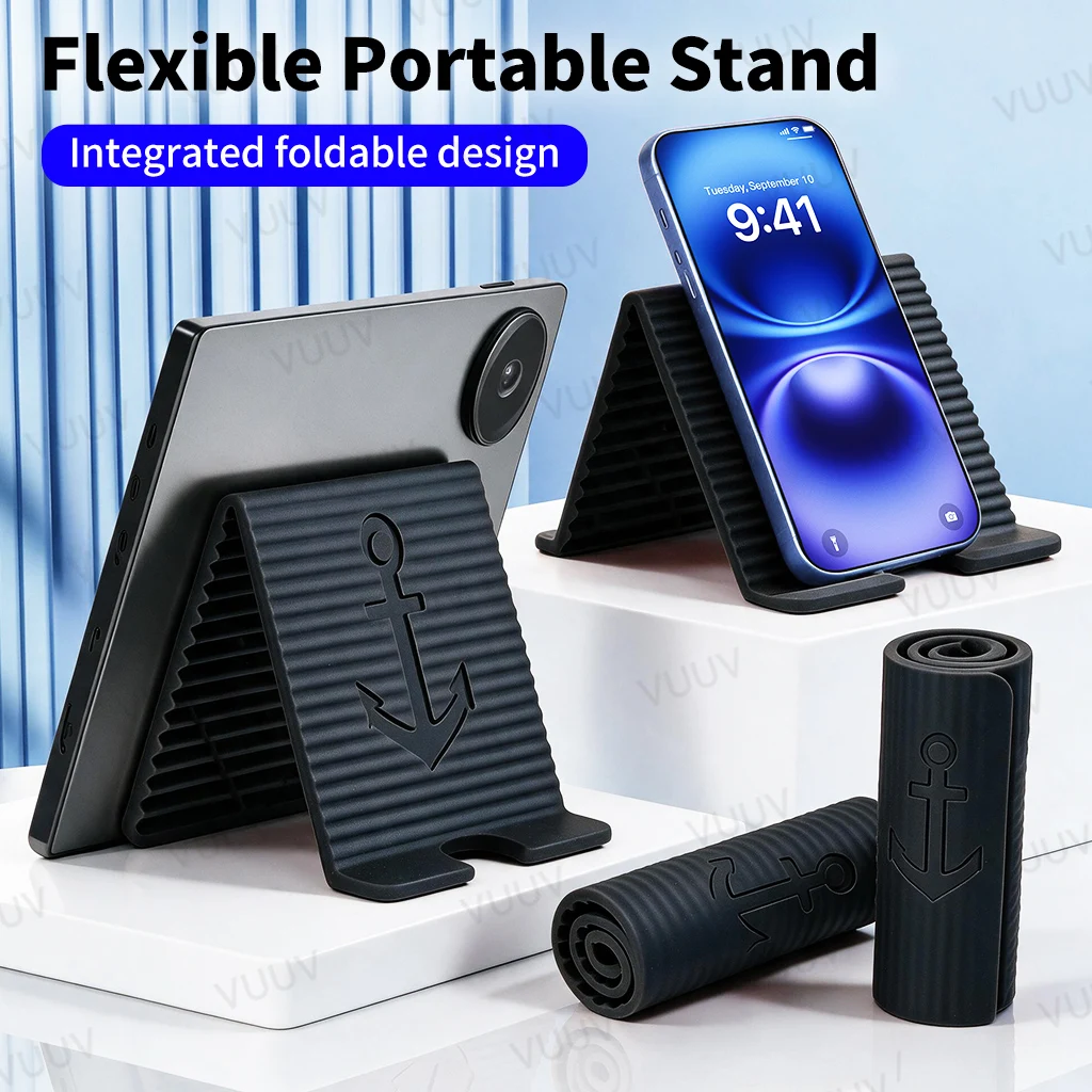 Portable Foldable Silicone Tablet Holder,  Folded into Any Shape, Universal Adjustable Anti-Slip Desktop Mount for Home Office
