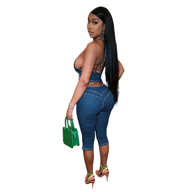 STYLISH LADY Stretch Denim Blue Halter Two Piece Set 2026 Women Zip Crop Top High Waist Capri Pants Sexy Street Jeans Outfit - view 4