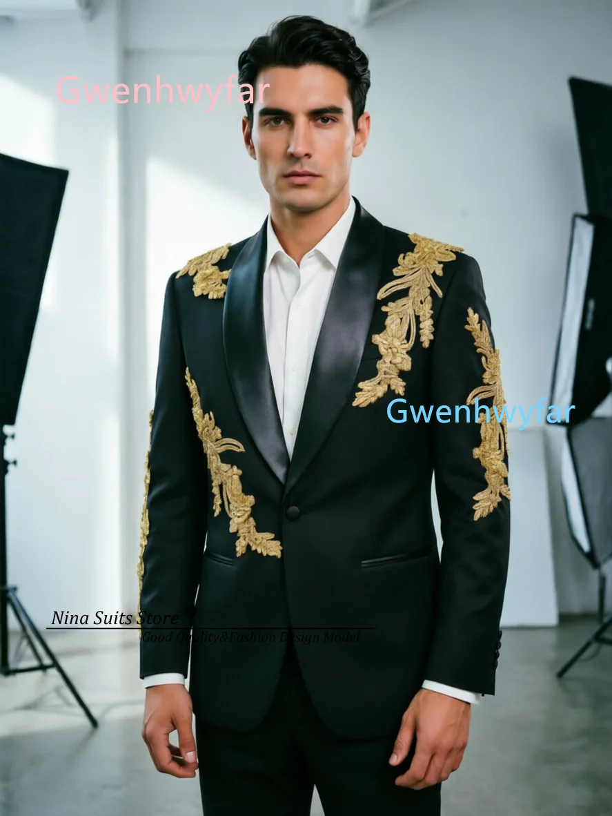 Nina Store 2026 Summer New Men's Ball Dress Groom Wedding Suit Set Coat with Handmade Gold Handmade Gold Rhinestone Appliques