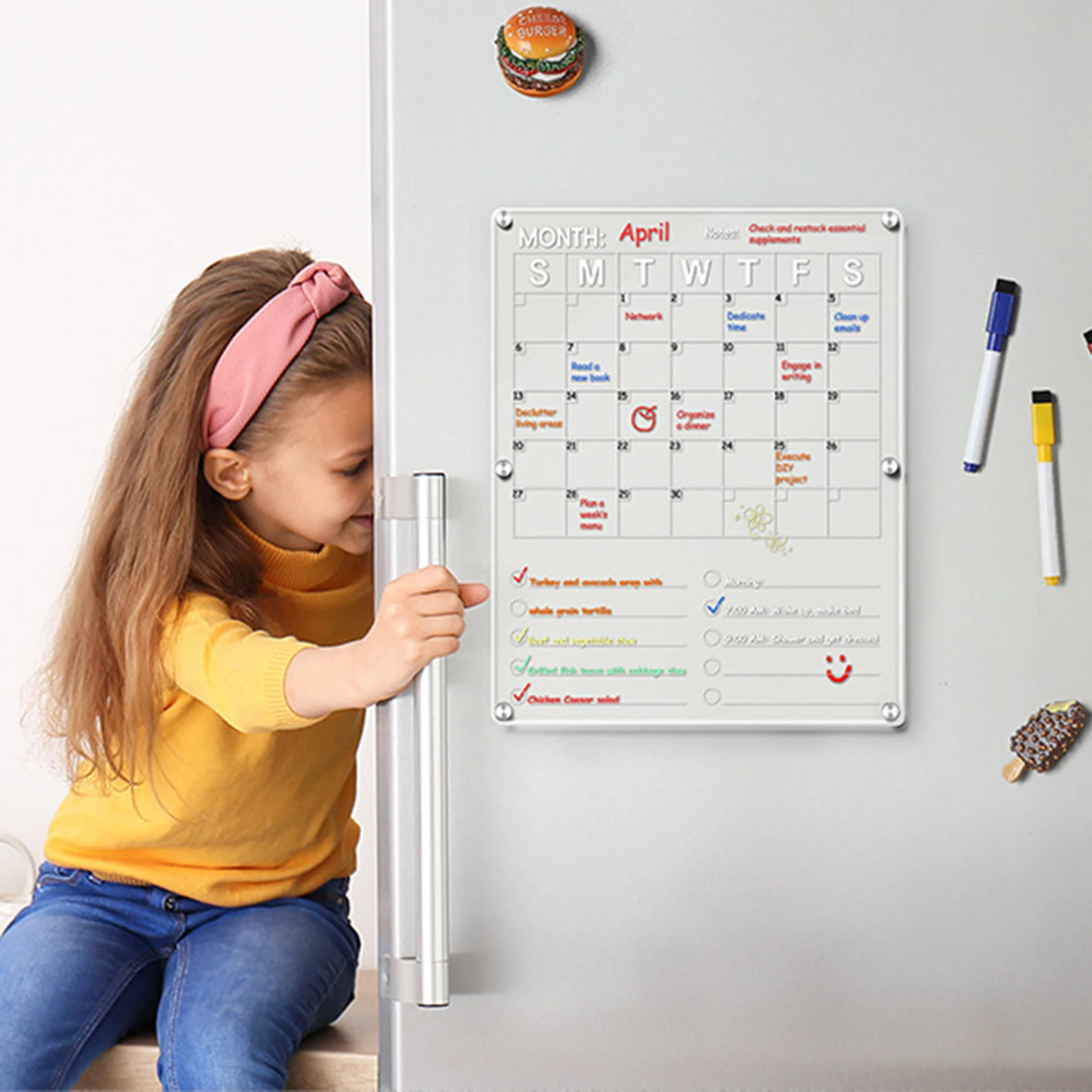 

Magnetic Acrylic Calendar Board for Fridge Magnetic Reusable Fridge Planner with 8 Markers for Fridge Kitchen Home Decor