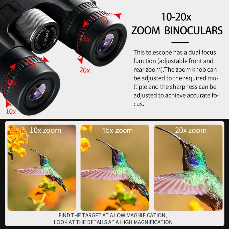 Binóculos ao ar livre impermeável longa distância Zoom, Bird Watching Telescope, novo design, 10-20x50