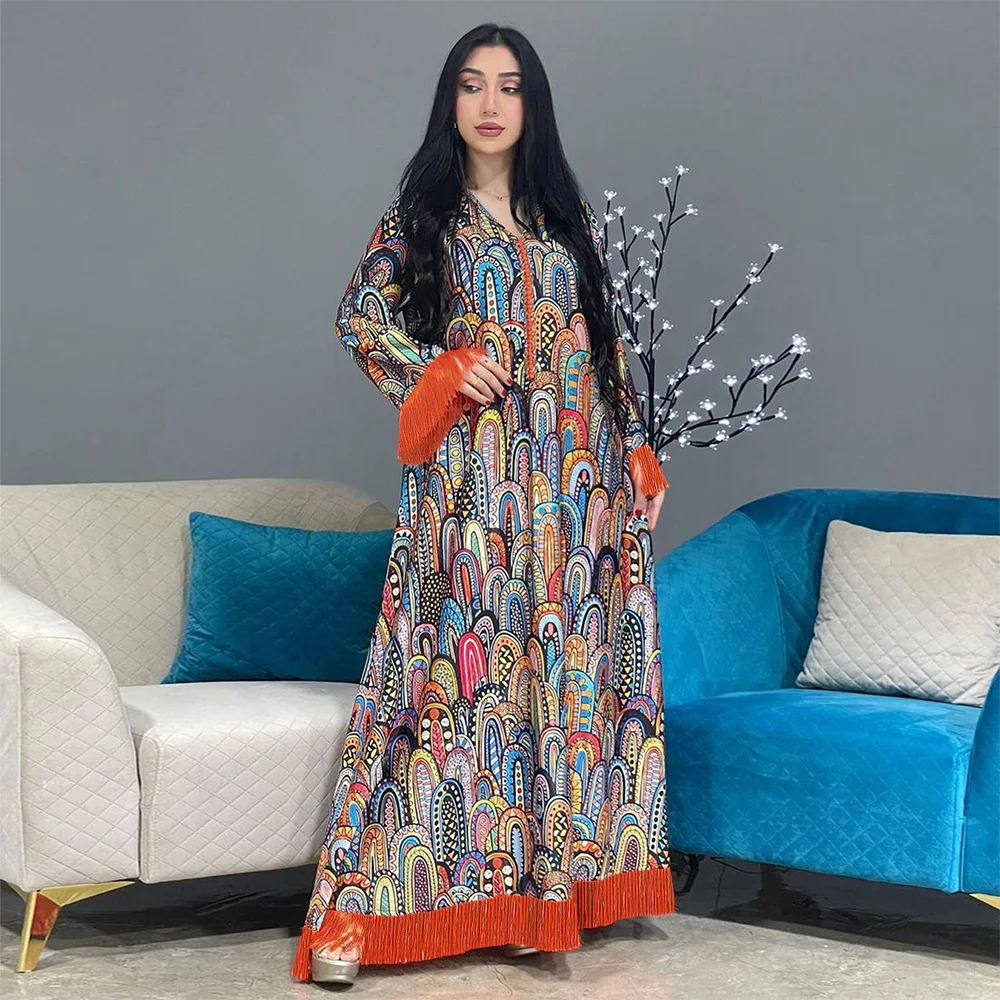 Eid musulmán estampado borlas vestido mujeres Abaya Jalabiya Vestidos largos Abayas Ramadán mujer Turquía caftán marroquí Vestidos elegantes