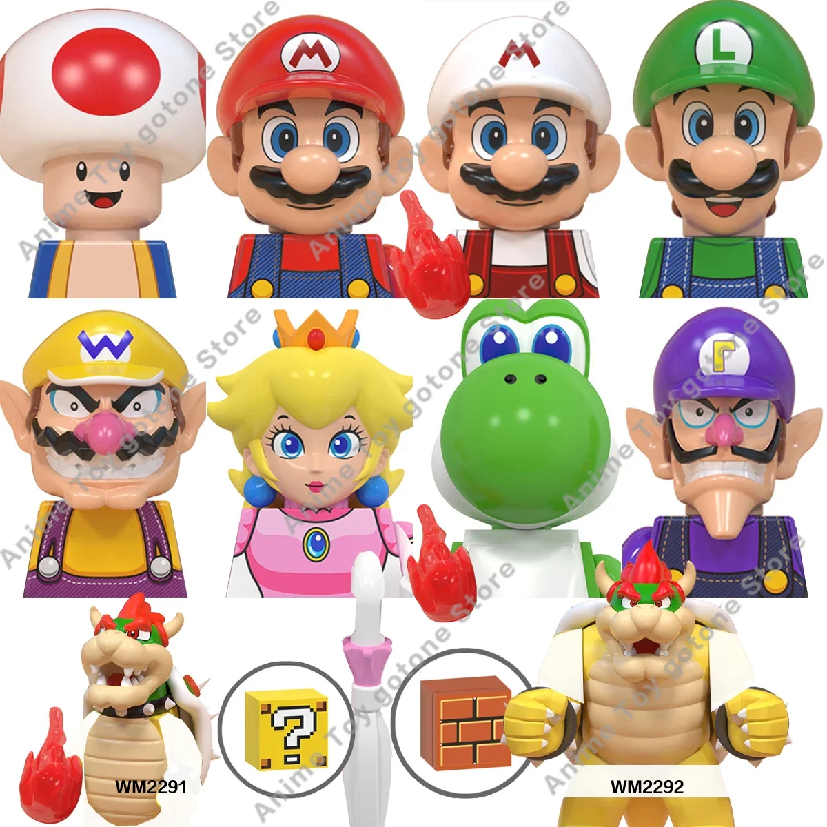 WM6103 Super Bros Marios Japanese Games Luigi Yoshi Bowser Koopa Kinopio Wario Peach Mini-Figures Anime Cartoon Building Blocks