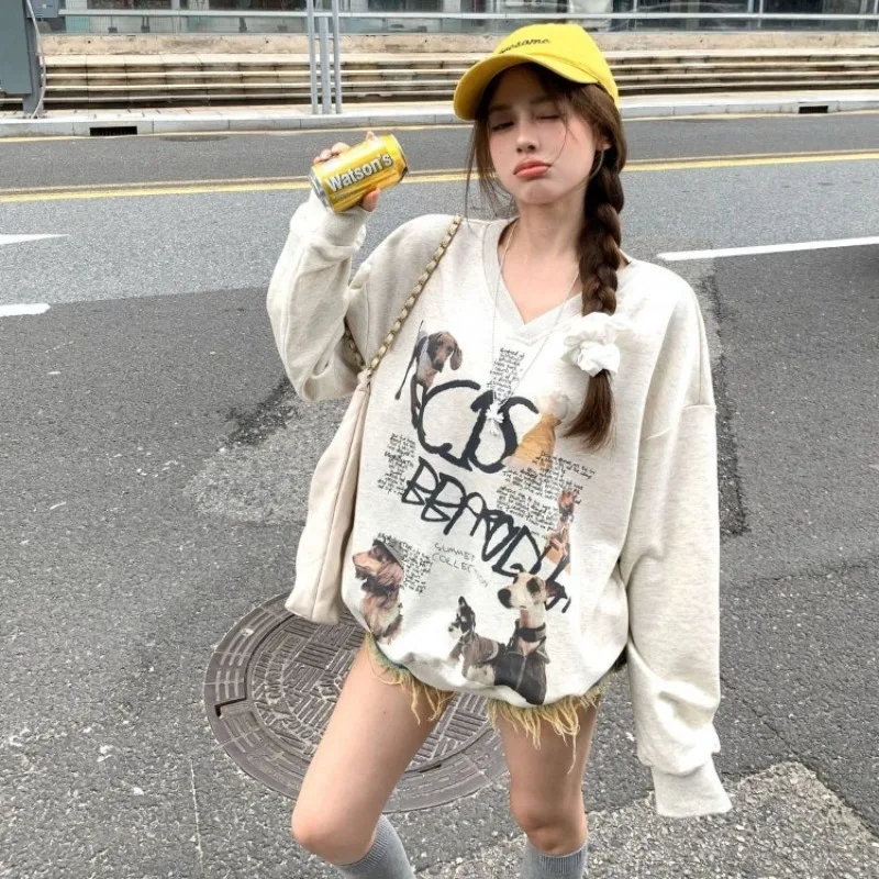 

Womens Loose Fit V Neck Sweatshirt Retro Dog Pattern Grey Pullover Long Sleeve Sweet Spicy Autumn Casual Top