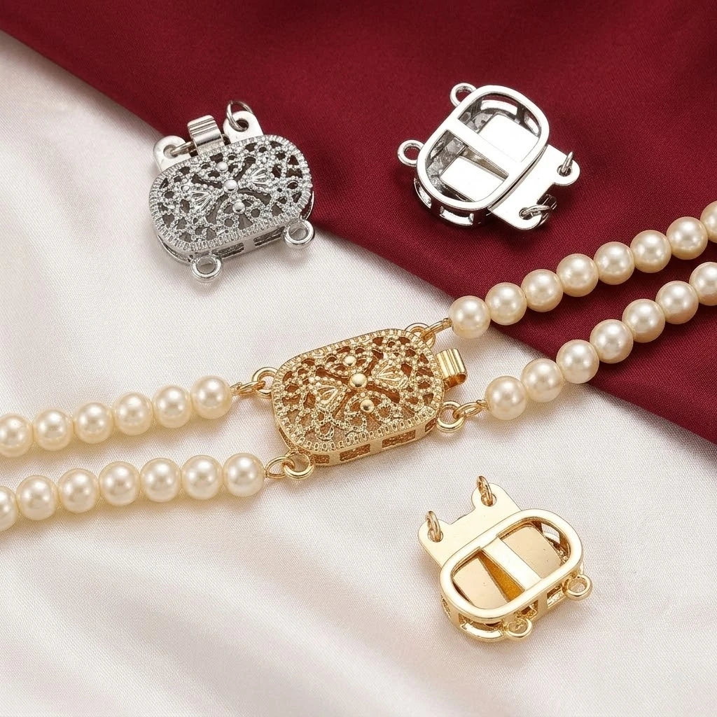 2pcs 14K Brass Multi-Strand Box Clasps 2-Strand Rectangle Filigree Flower Connector for Jewelry Making Bracelets Necklaces DIY
