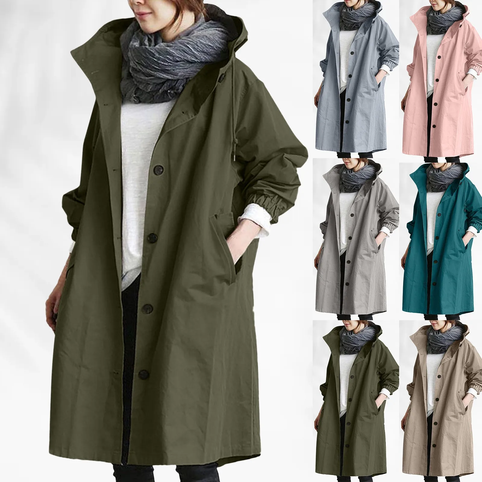 2024 Autumn Winter Casual Korean Fashion Hooded Medium Long Overcoat Loose Windproof Coat Women Trench Coat Solid Color Pockets