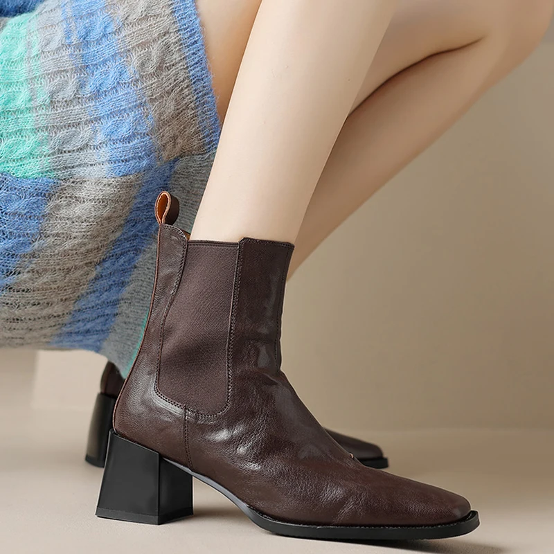 

2024 Female Square High Heel Women Chelsea Boots Fashion Slip On Shoes Retro Style Autumn Winter Square Toe Ladies Short Booties