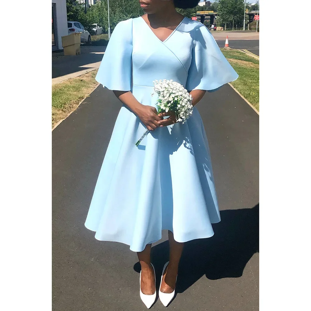 Plus Size elegancki Baby Blue formalny dekolt w szpic rękaw z falbankami sukienki Midi Kentucky Derby a-line