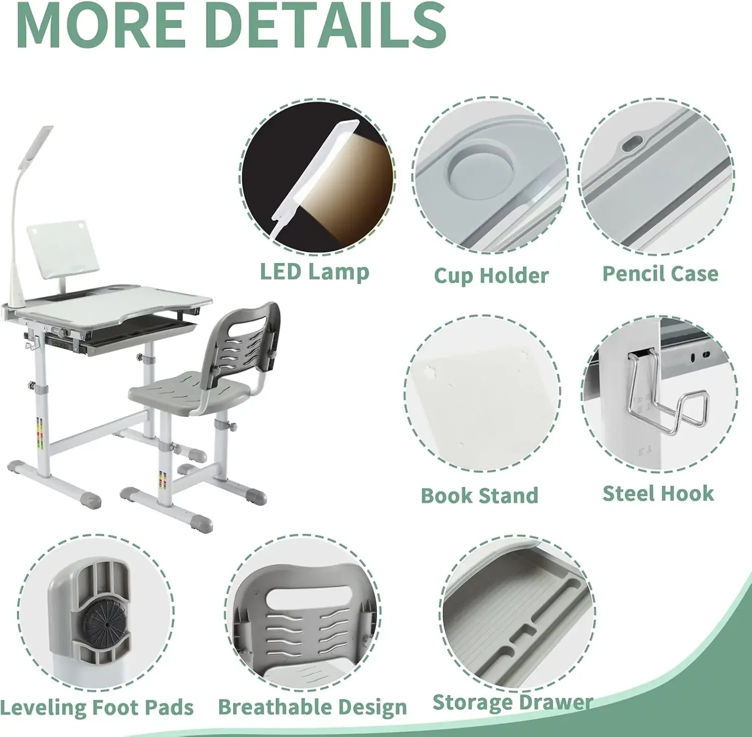 Kids Functional Desk and Chair Set, Ergonomic Height Adjustable Children School Study Desk with Tilt Desktop, Book Stand, LED Li