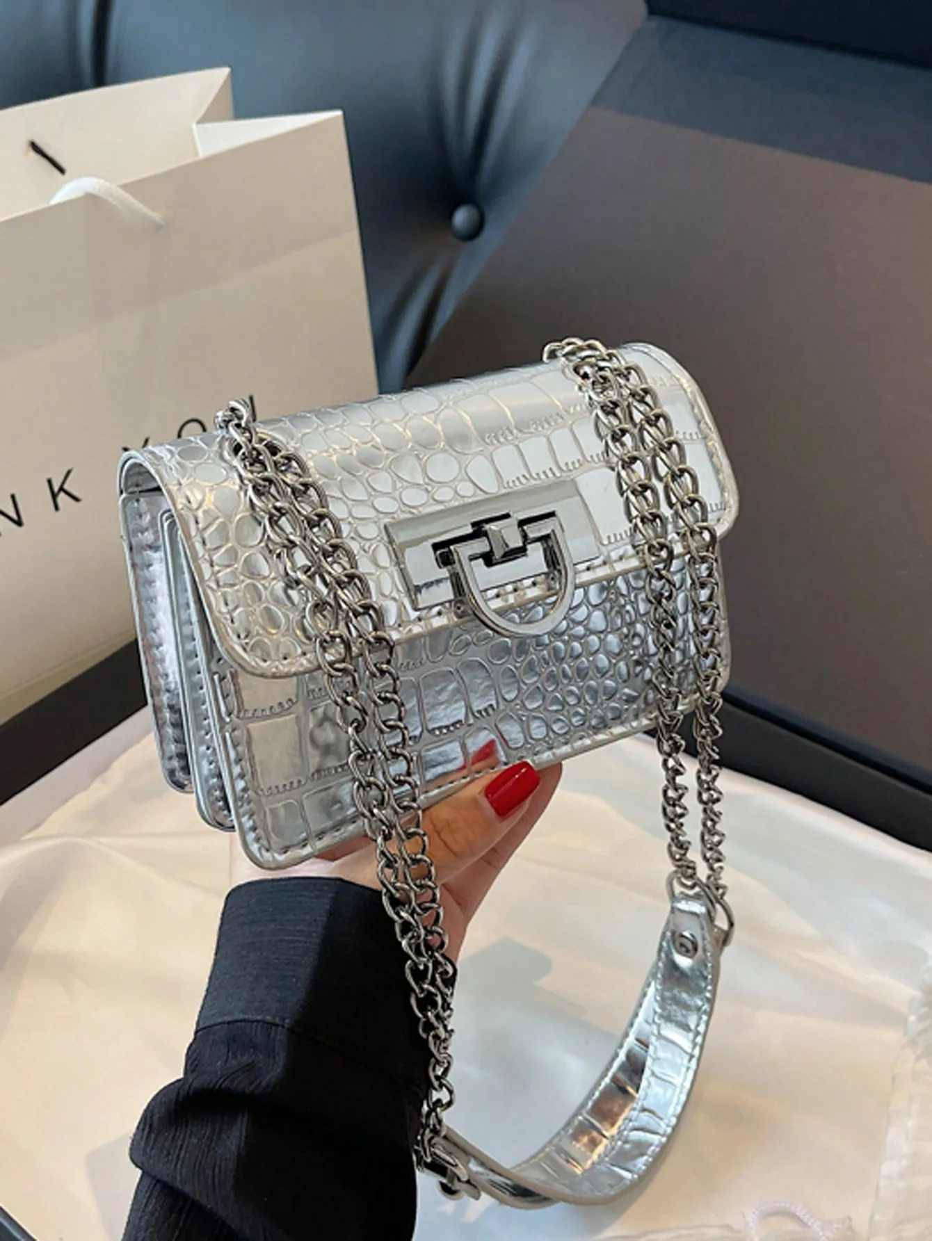 

Silver Croc-Embossed PU Mini Flap Shoulder Bag with Chain Strap